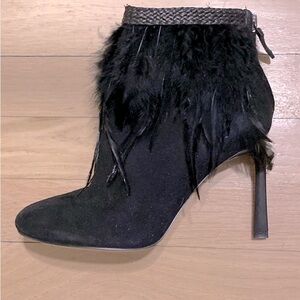 SOLD - Nine West never worn black suede w/ blk feathers heeled booties